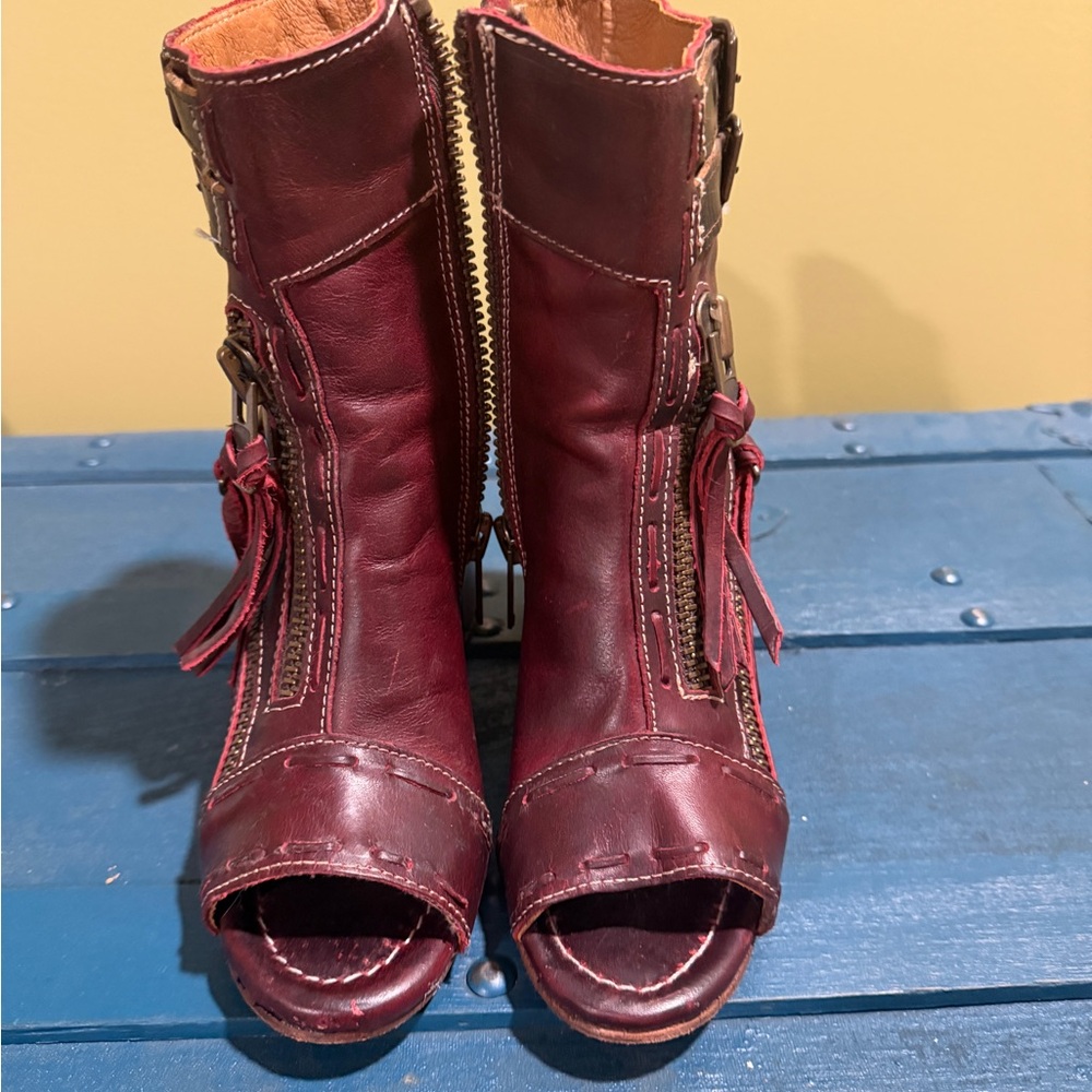 Freebird by Steven Burgundy Open-Toe Leather Ankle Boots